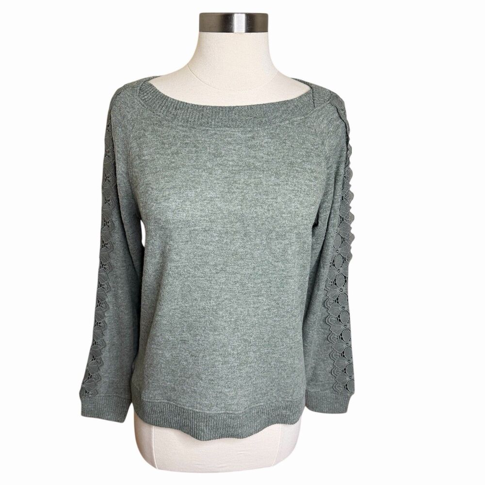 Democracy Knit Sweater Lace Sleeve Womens Small Sage Green Boat Neck Top